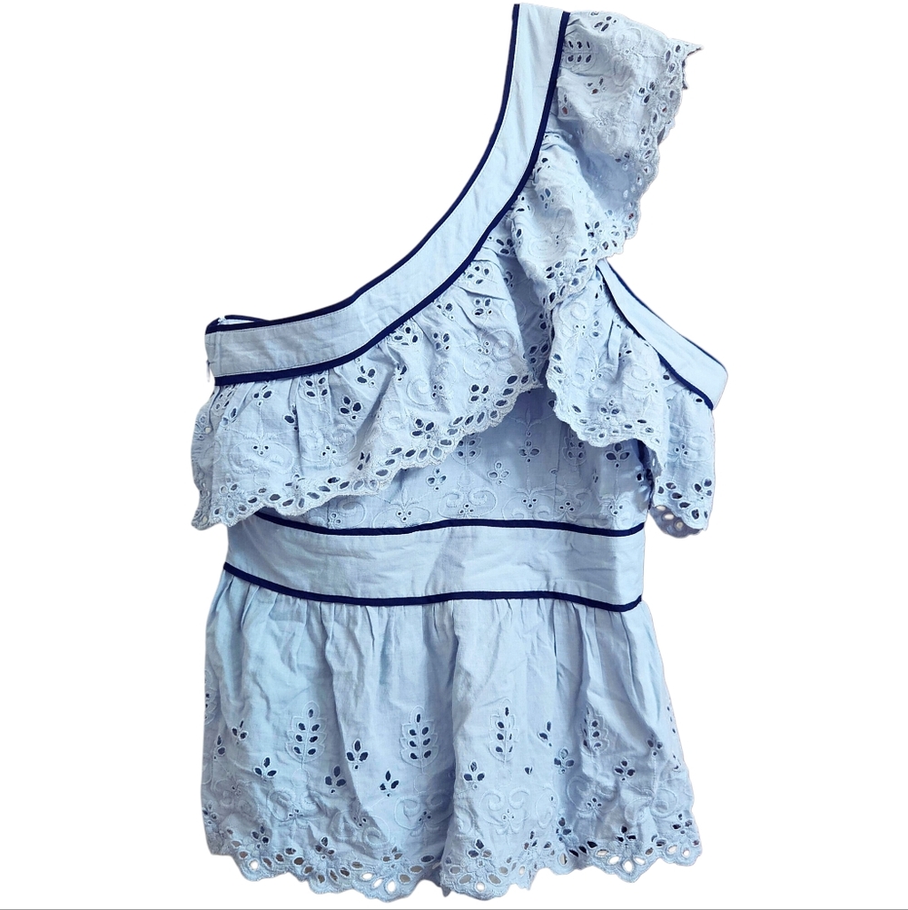 Venus One Shoulder Double Ruffle Trim Two Tone Blue Side Zip Eyelet Tank Top NWT